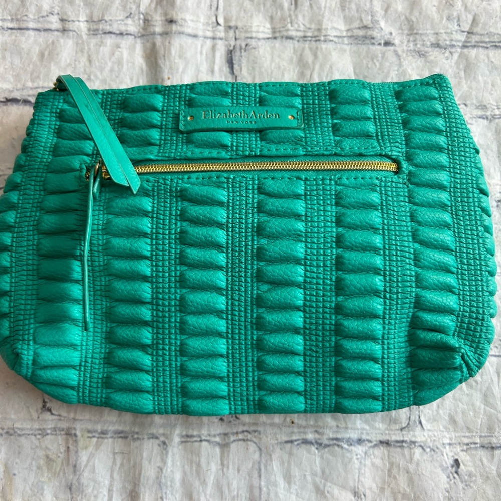 ELIZABETH ARDEN NEW YORK TEAL TEXTURED COSMETIC BAG GOLD TONE ZIPPER